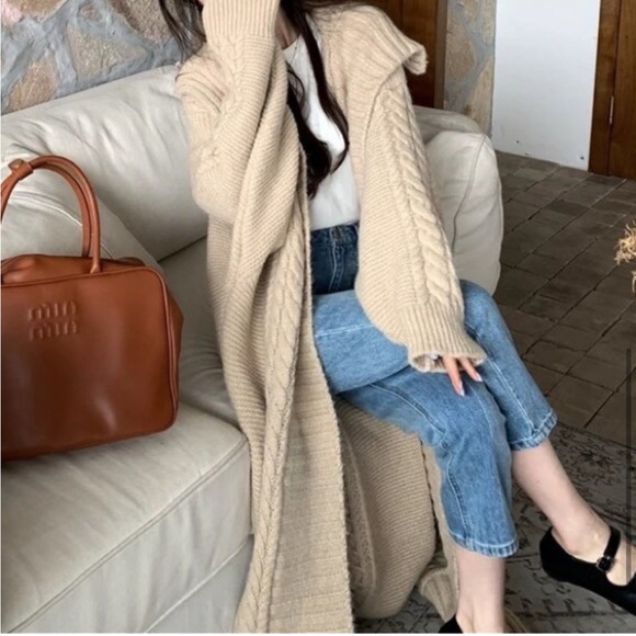 136. LAST RESTOCK! Tan Maxi Duster Cardigan Coat Oversized Chunky Long Cable Rib - Picture 3 of 7
